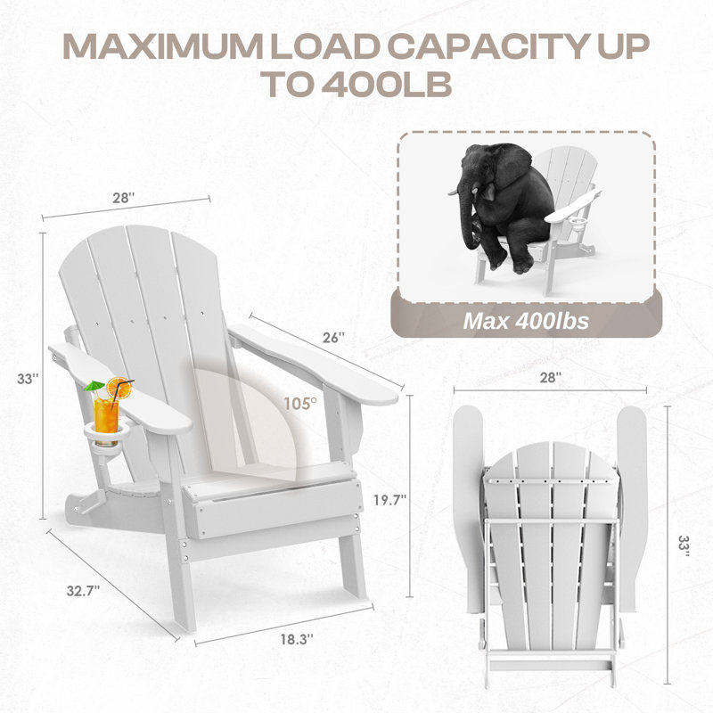 Chaise Adirondack pliante en plastique Hdpe avec porte-gobelet, Blanc