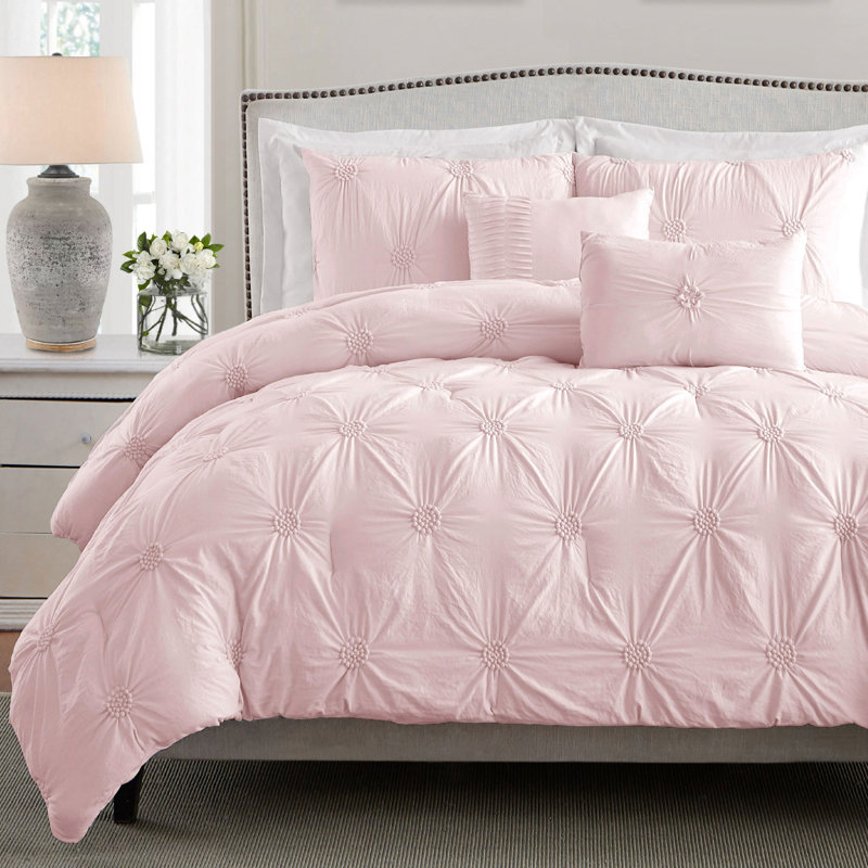 Floral Pintuck 3PC Comforter Set, Soft Microfiber, Pastel Colors, Lightweight Bedding Set, Blush