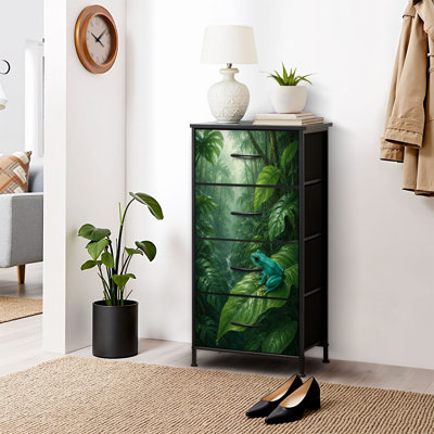 Commode 4 tiroirs pour chambre à coucher, commode étroite, plateau en bois et structure de bureau en fer 18 po x 37,5 po (lxH) - avec impression de forêt tropicale brumeuse