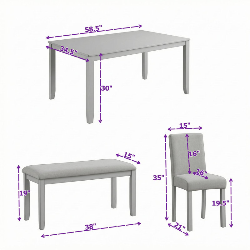 Ensemble de table de salle à manger 6 pièces avec banc et chaises