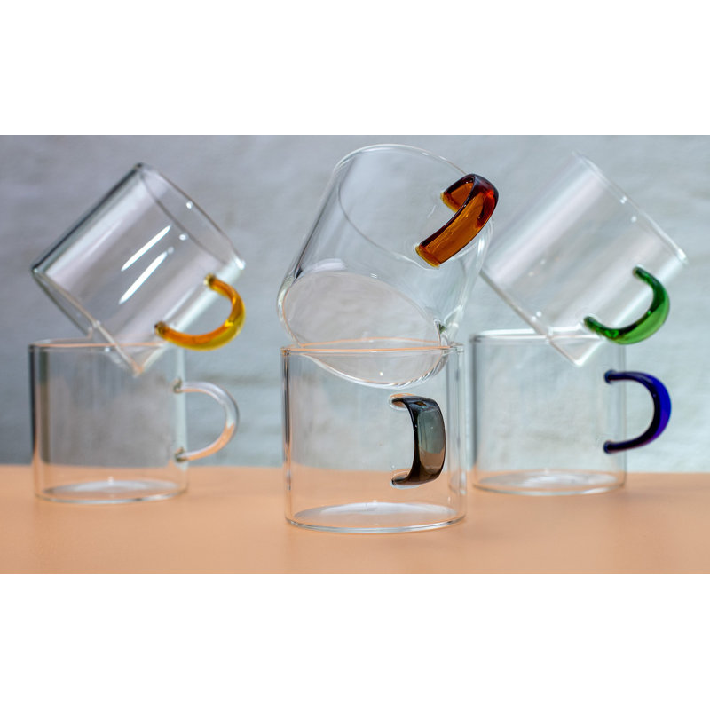 Set of 6 Clear Borosilicate Glass Espresso Cups with Colorful Handles