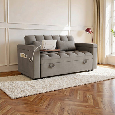 Canapé-lit en velours pliable 65 po 3-en-1 avec accoudoirs de rangement et table de chargement USB - Confort moderne pour le salon