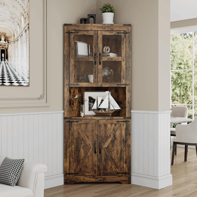 Armoire d'entrée de 67 po de hauteur avec éclairage à DEL - Huche de rangement Farmhouse - Portes vitrées - Tablettes réglables - Rangement en bois pour la cuisine, le salon et la salle de bain