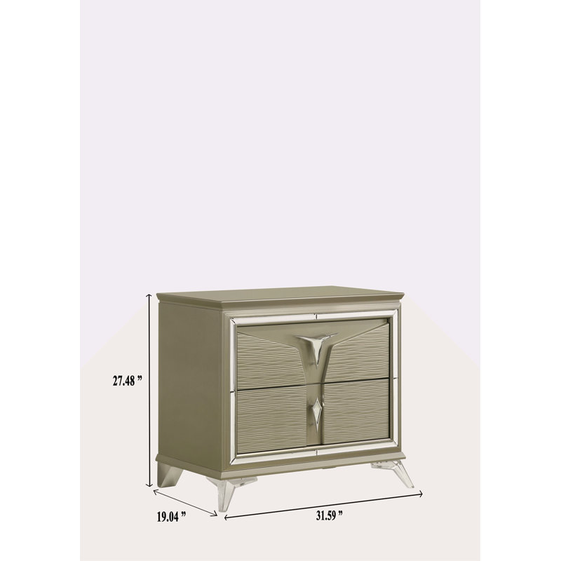 Table de chevet 2 tiroirs de style moderne en bois et accents en miroir
