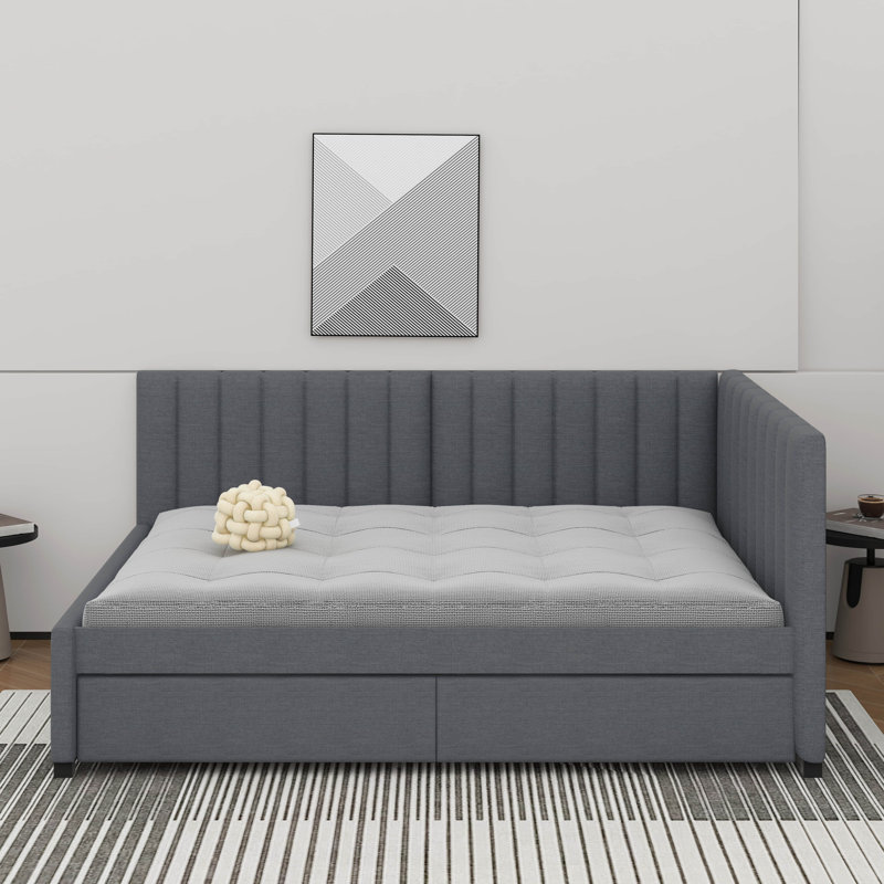 Full Size Upholstered Daybed With Drawers, Gray