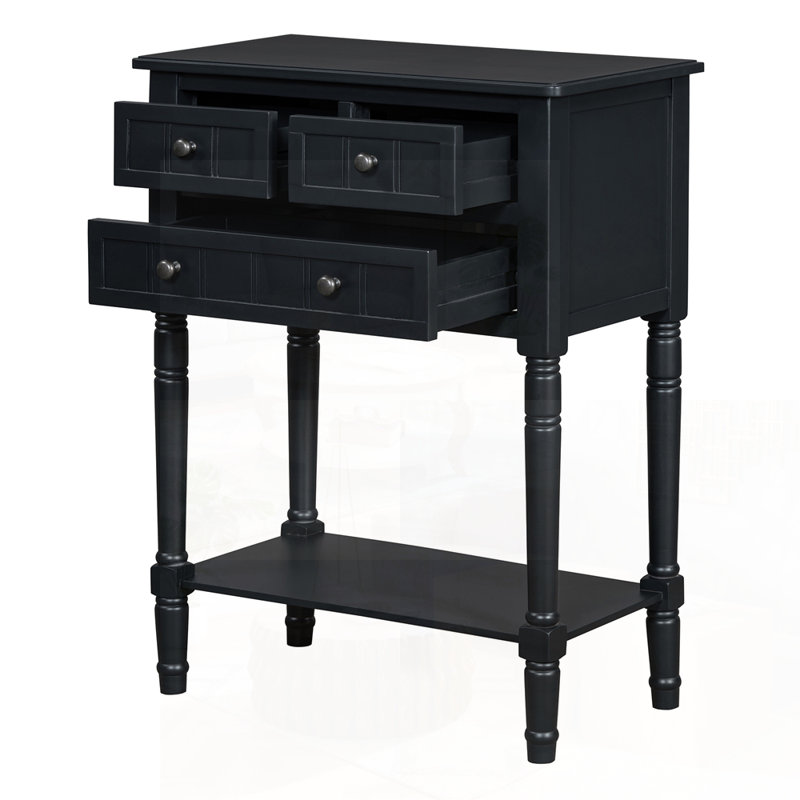 Narrow Console Table, Slim Sofa Table With Three Storage Drawers And Bottom Shelf For Compact Spaces, Black