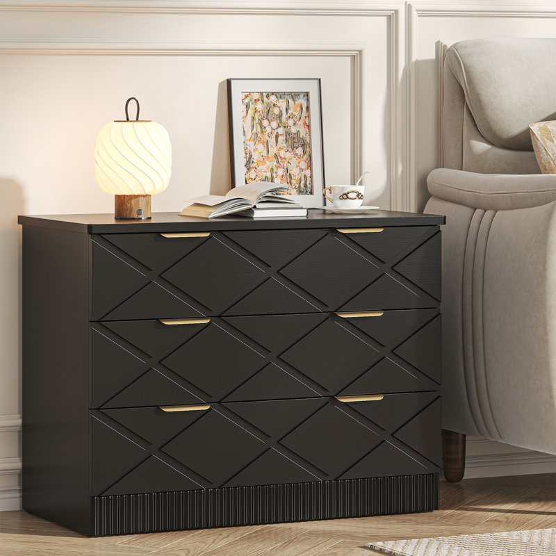 Large Modern Nightstand, 32" Wide Side Table With 3 Storage Drawers, Black Night Stand With Carved Diamond Design, Bedside End Table For Bedroom, Living Room, Closet