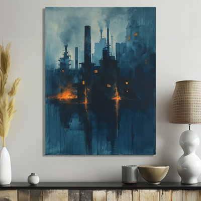 Impression d'art mural jaune et bleu de l'usine Metropolis I - usines