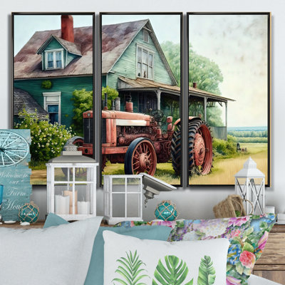 Tracteur dans une grange II - ensemble d'art mural sur toile campagne / campagne