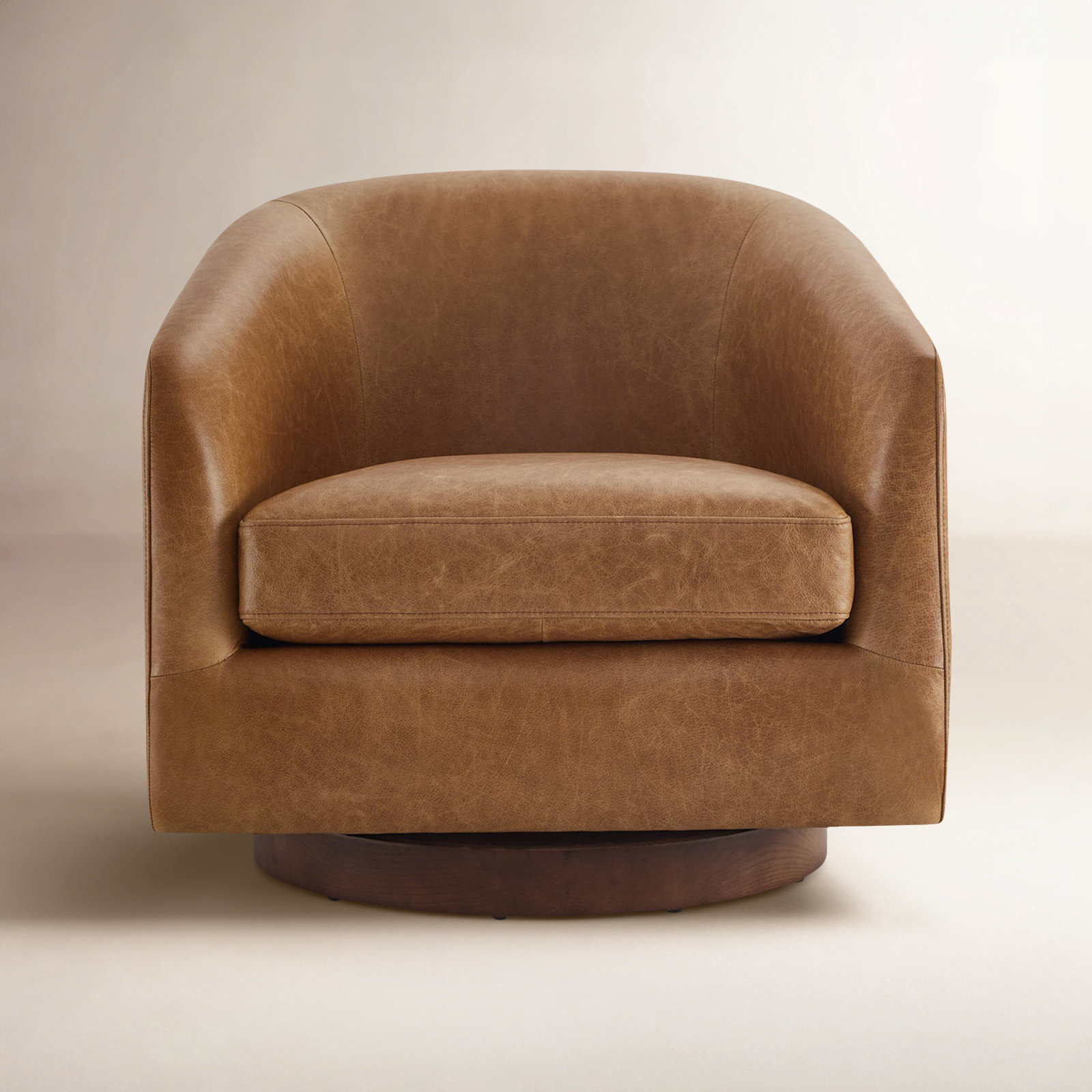 Bennett Genuine Leather Swivel Barrel Chair, Marseille Brown Genuine Leather
