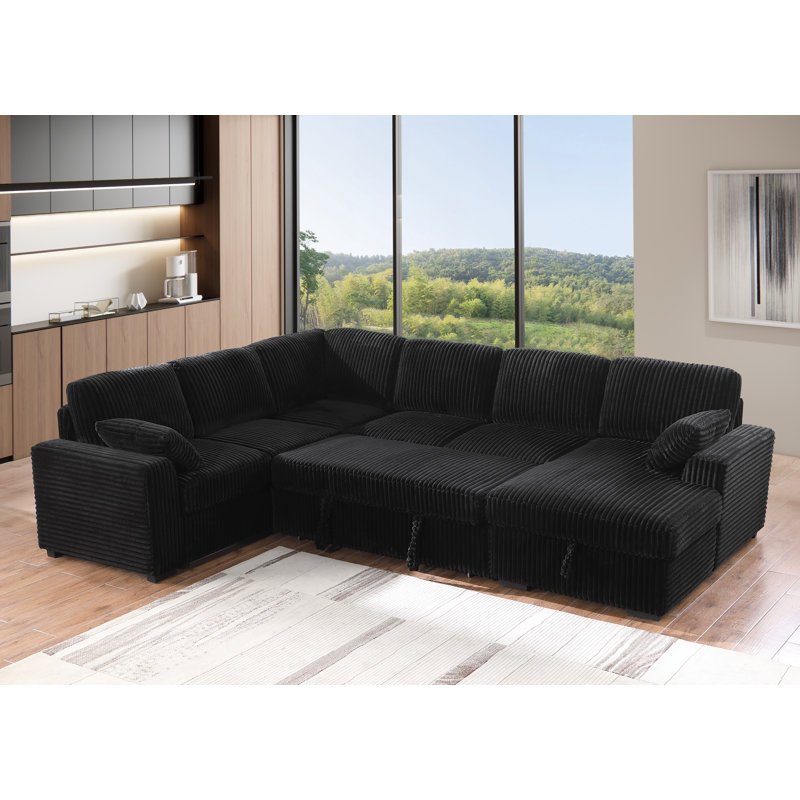 U-Shaped Sleeper Sectional with Integrated Storage , Black Corduroy