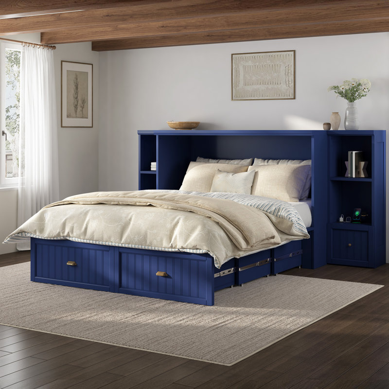 Lit escamotable complet Wilkinson Farmhouse avec tables de chevet, 3 tiroirs de rangement et station de charge, bleu marine