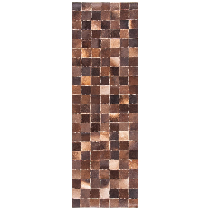 Herrin Hand Woven Leather/Felted Cloth Geometric Rug in Beige/Brown, Runner 2'3" x 8'