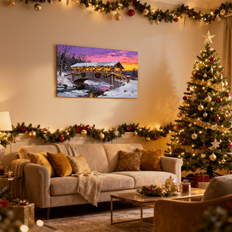 Pont couvert de neige de Noël au coucher du soleil avec lumières de Noël, ensemble de 3 impressions sur toile