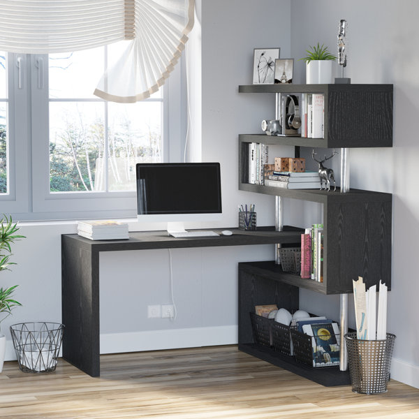 Reversible L-Shaped Desk Computer Desk with Drawers & Shelf Ample Storage - FUFUGAGA Black