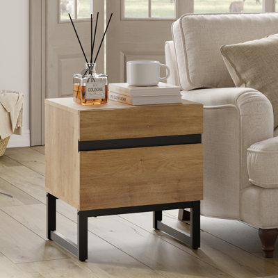 Aadam Modern End Table With 2 Drawers, Farmhouse Sofa Table, Wooden Rustic Side Sofa Table With Metal Leg For Living Room, Nighstand For Bedroom