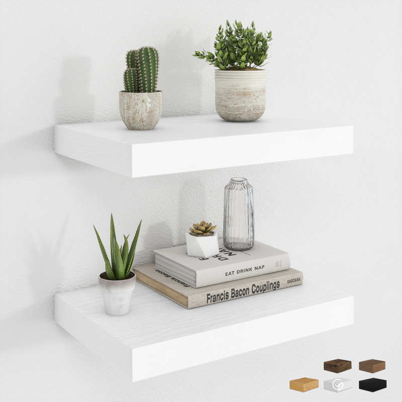 2-Piece Floating Wall Shelves, 9.3" Deep, Wall-Mounted Design, White, 1.5" H x 16" W x 9.3" D