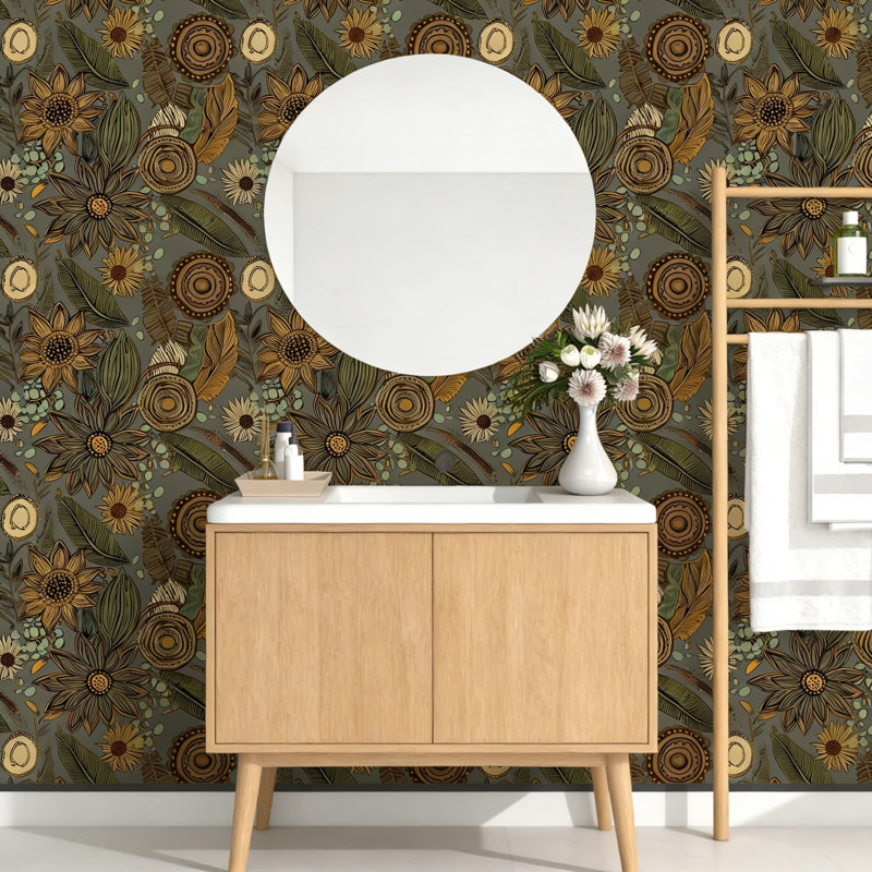 Papier peint adhésif bohème Boho, L 117,96 po x l 17,5 po, Gris/Jaune