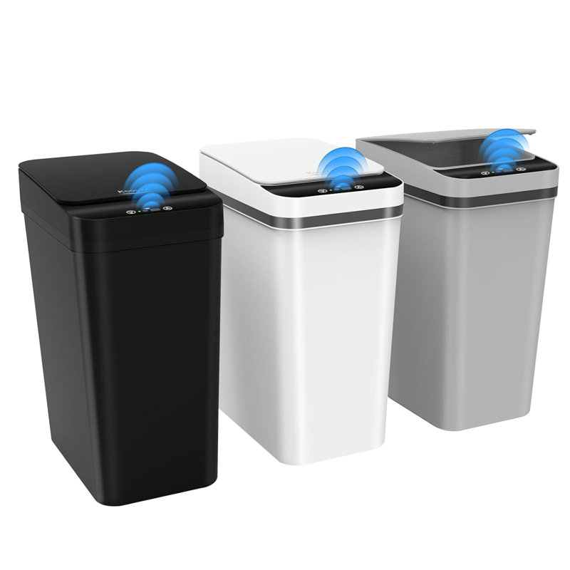 White Slim Touchless Plastic Bathroom Trash Can Set