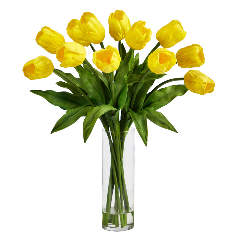 23in. Artificial Tulip Arrangement with Cylinder Glass Vase, Jaune
