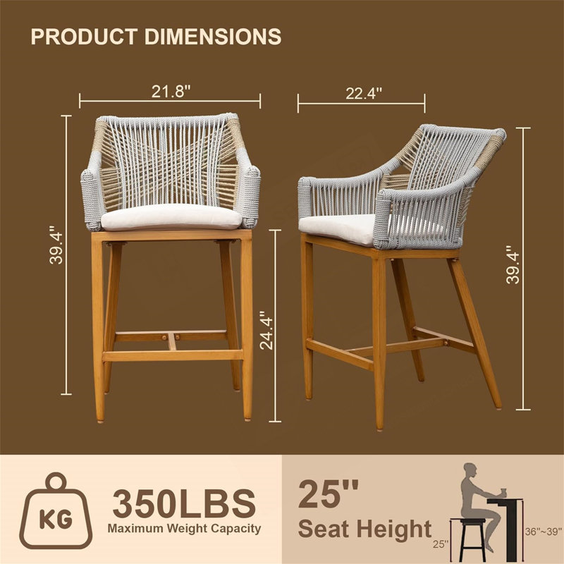Ensemble de 2 tabourets de bar d'extérieur modernes avec structure en aluminium au fini teck et coussins en mousse à mémoire de forme
