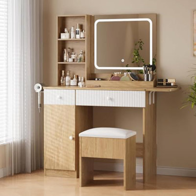 Bureau de maquillage avec miroir et lumières DEL, prises de courant, USB-C, tiroirs, armoire, tabouret de rangement, panneau pliable