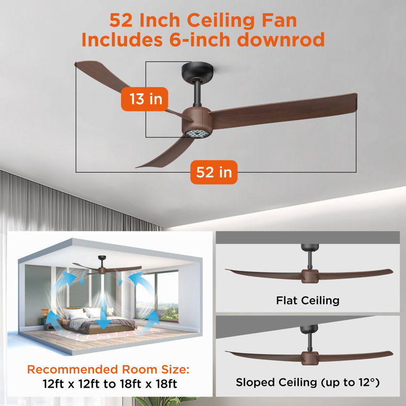 Ventilateur de plafond 52 pouces avec télécommande veilleuse à DEL, Noir avec pales brunes