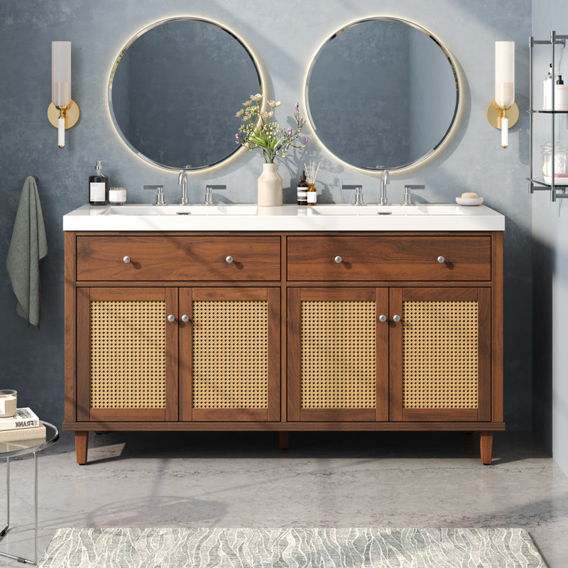 Bathroom Vanity with Double Sink ( SMC Sink ), Large Storage Space with 2 Tip-Out Trays / Flip-Out Drawers and 4 Soft Closing Doors