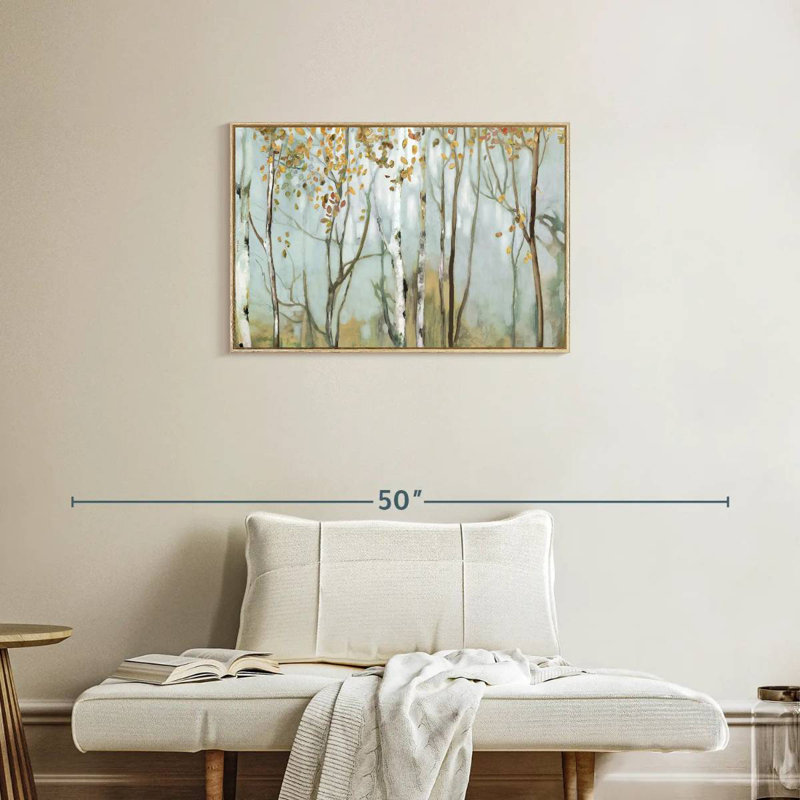 Bouleau dans le brouillard II, Cadre flottant en bois naturel, 31 po x 21 po