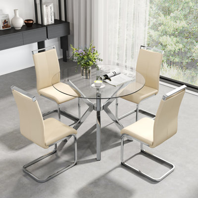 Ensemble de table de salle à manger moderne en verre avec chaises rembourrées en polyuréthane 4/6, pieds chromés argentés / noirs / dorés