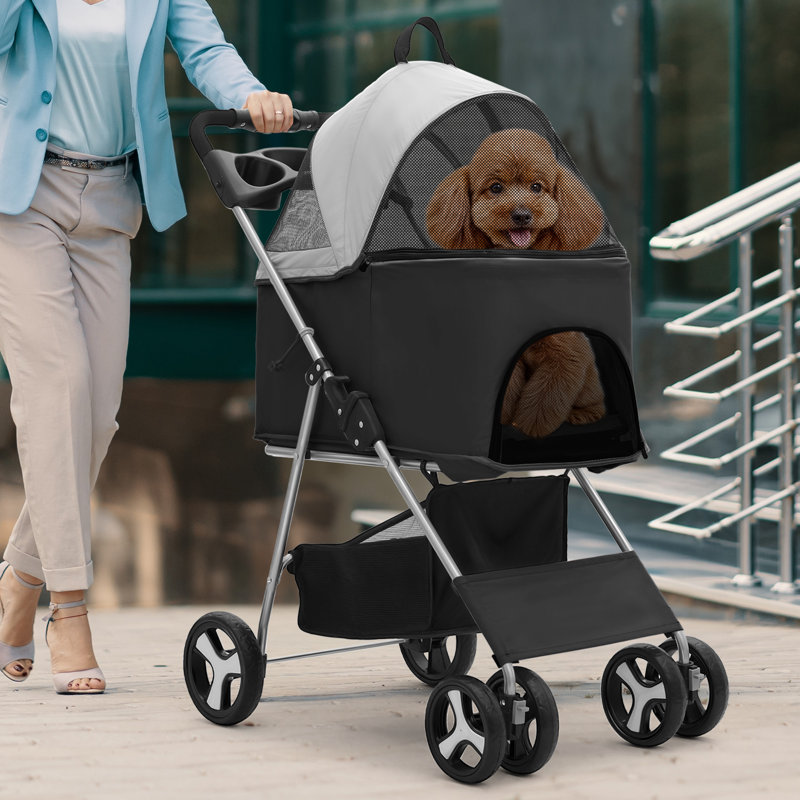 Black Foldable Pet Stroller with Detachable Storage Basket