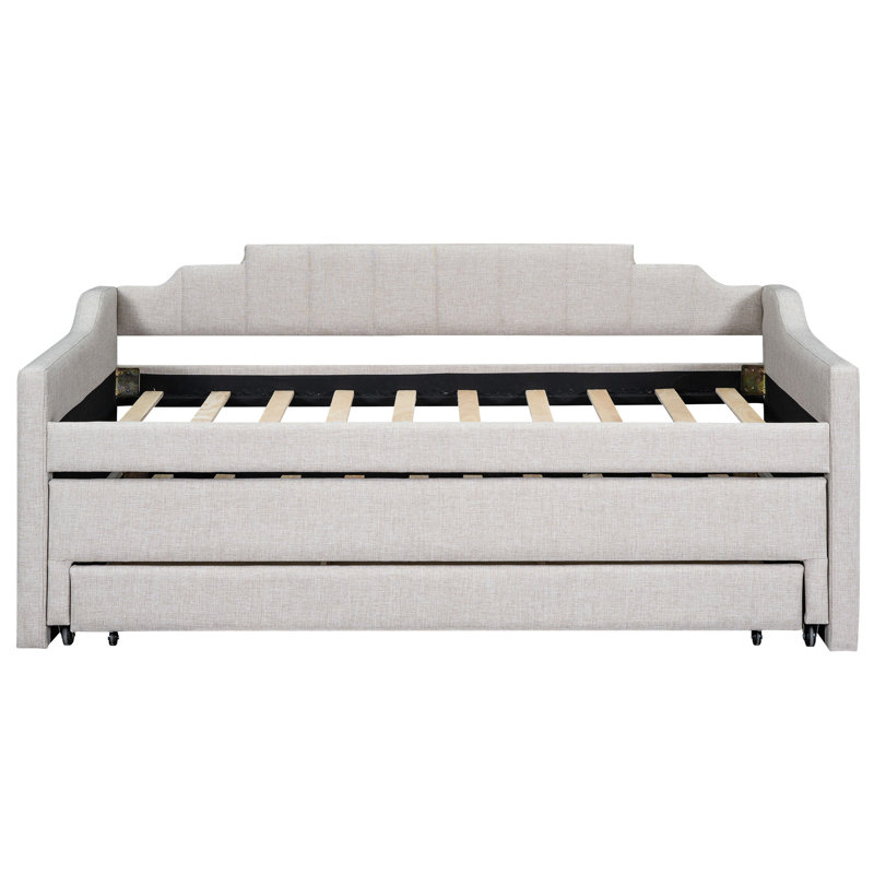 Lit de jour simple rembourré beige avec lit gigogne - Option de rangement confortable et pratique pour une utilisation quotidienne dans la chambre à coucher