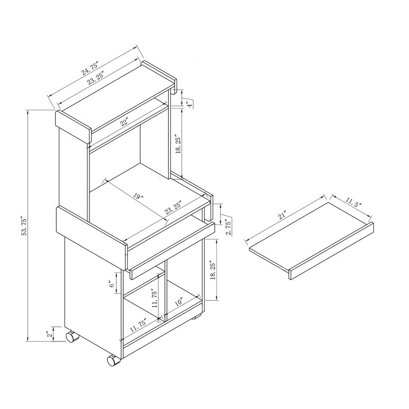 Support pour ordinateur à micro-ondes avec roulettes verrouillables, tablette et plateau coulissants, manchon