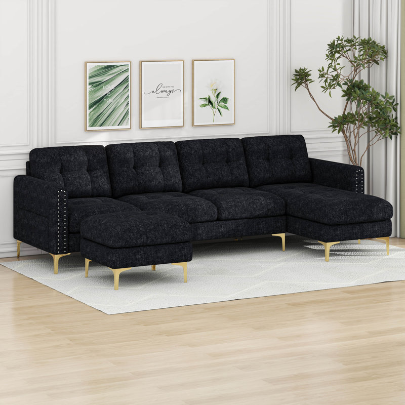 Canapé modulaire de style moderne minimaliste, canapé modulaire convertible en forme de L avec repose-pieds mobile, Noir