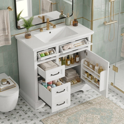 Armoire de salle de bain autoportante blanche, pré-percée pour robinet espacé de 8 pouces, comptoir en céramique avec 4 tiroirs et porte à fermeture en douceur