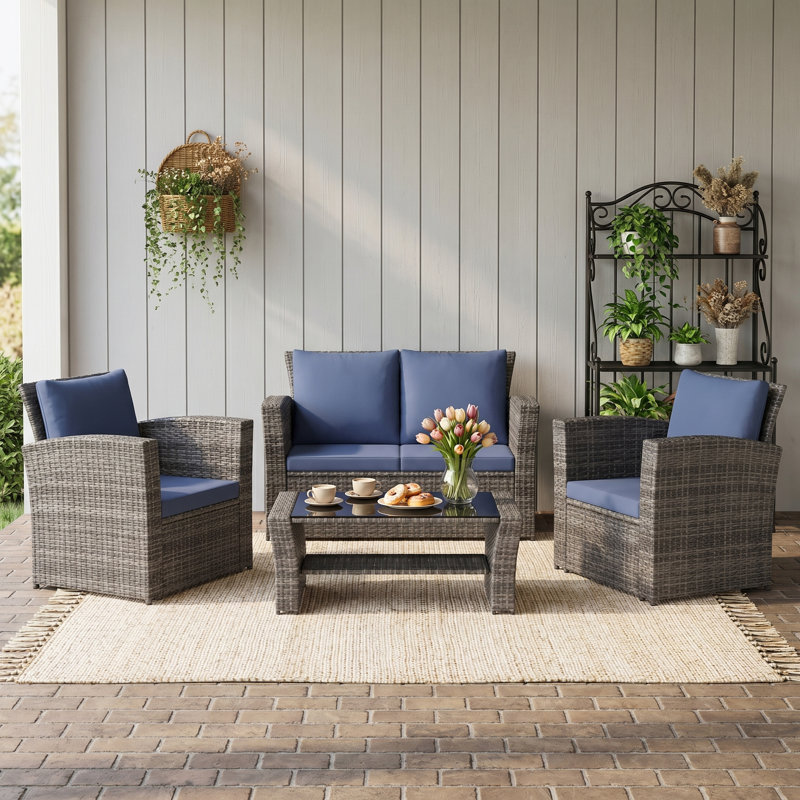 Arora 4-Person Rattan Outdoor Patio Set with Olefin Back&Seat Cushions, Gray Frame/Blue Cushion