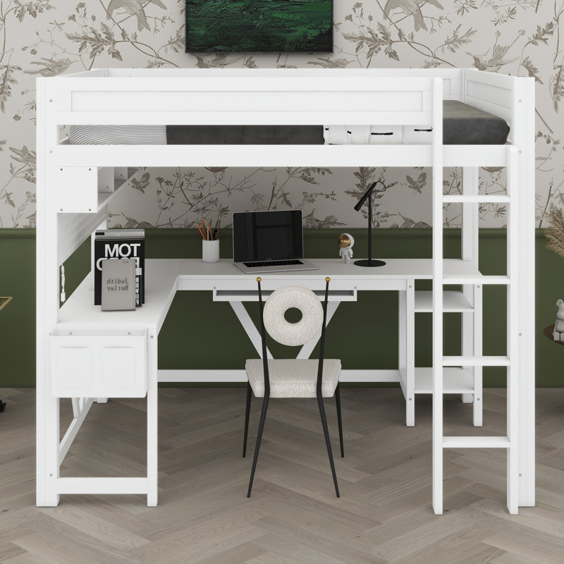 Lit mezzanine avec bureau et tablettes de rangement, éclairage DEL et station de charge pour les jeux, Blanc