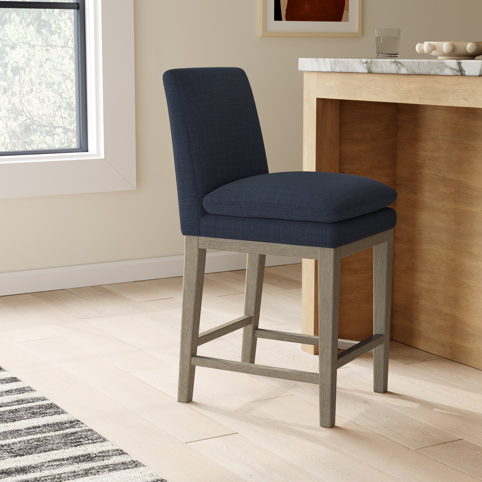 Bethea 26" Bar Stool, Effie Insignia Blue Performance Linen