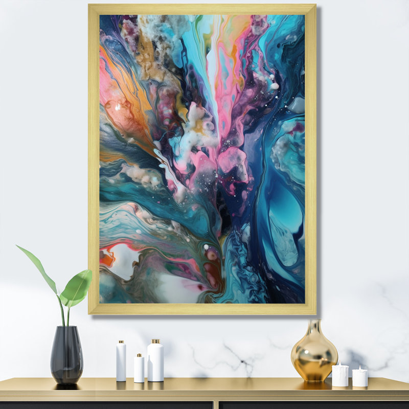 «Teal Pink Aqua Symphony», reproduction sur toile abstraite, Cadre doré à une seule photo, H 32 po x l 16 po x P 1 po