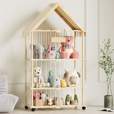 Stuffed Animal Storage House With Wheels, 3 Tier Wooden Toy Organizer For Kids