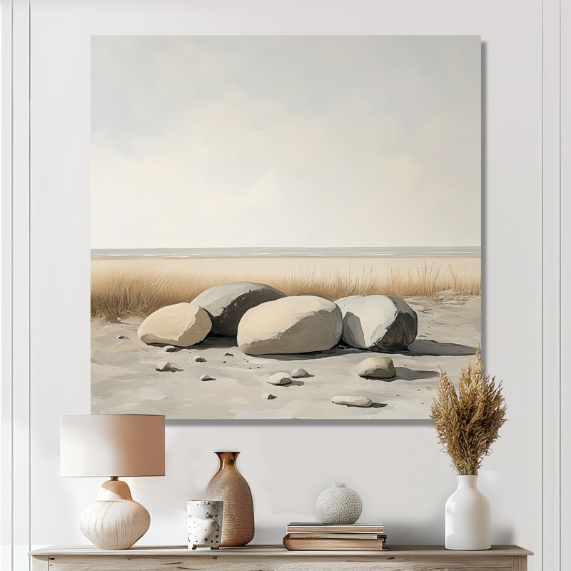 Pierres du rivage silencieuses - Affiche murale en métal beige de style côtier, 16" H x 16" W
