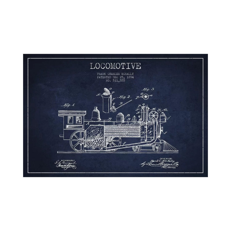 Frank C. McNally Locomotive Pattern Sketch (Navy Blue) by Aged Pixel - Wrapped Canvas Print