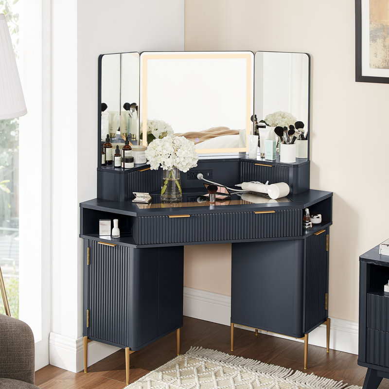 48" Corner Makeup Vanity With 3 Led Mirror, Dark Gray