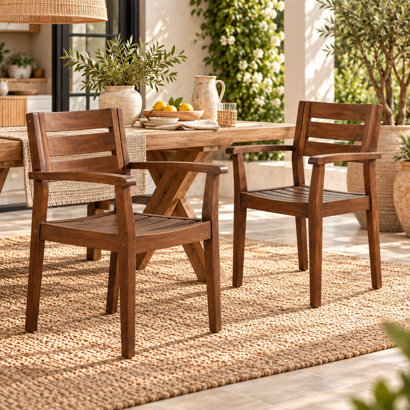 Ensemble de 2 chaises de salle à manger d'extérieur en bois d'acacia avec dossier à lattes résistant aux intempéries, Wanut