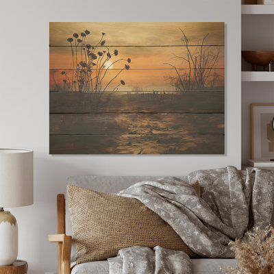 Mums Field With Sunset - Mums Wood Art On Natural Pine Wood