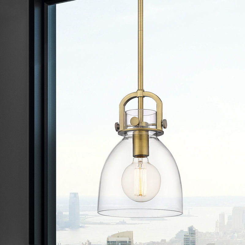 Luminaire suspendu sur tige 1 lumière Wimbush, Laiton brossé, Clair, H 9,63 po x l 8 po x P 8 po