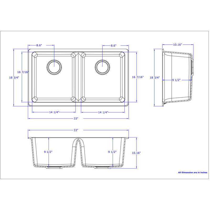 33'' L Double Bowl Granite Kitchen Sink, Black