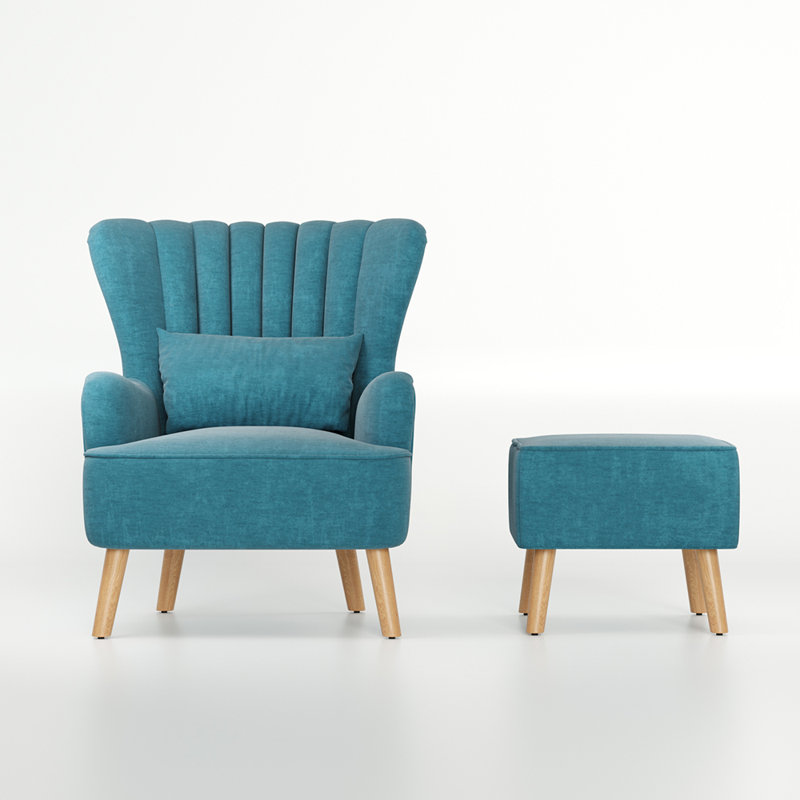 Kiro Upholstered Wingback Chair with Footstool, Blue