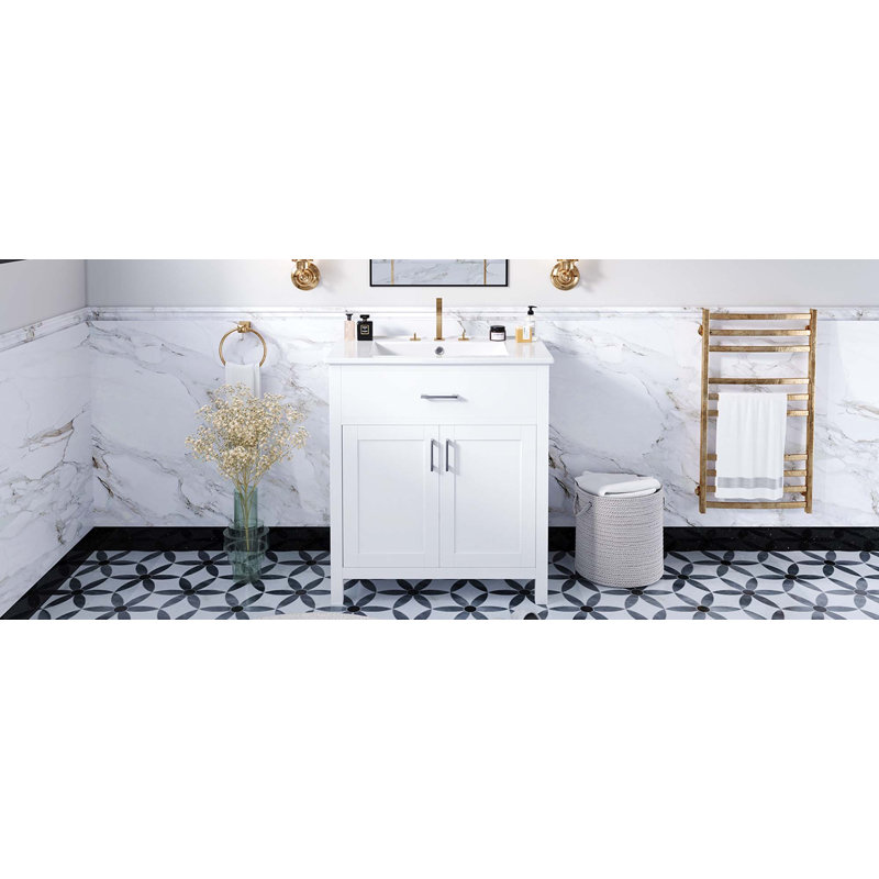 Meuble-lavabo de salle de bain avec lavabo en céramique, 2 portes et 1 tiroir caché, Blanc
