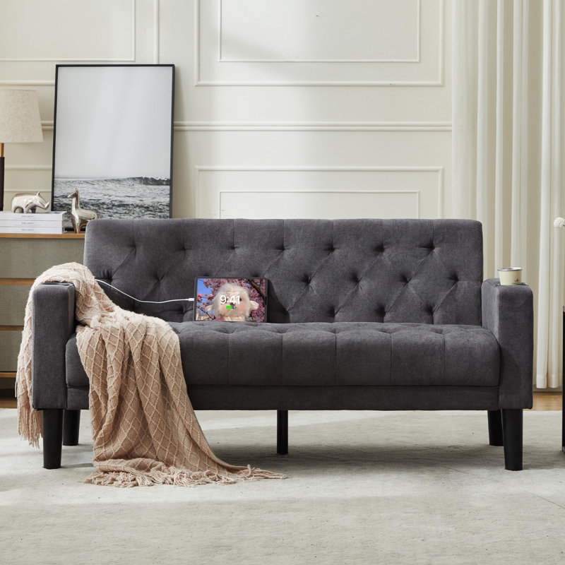 Sofa Seats Modern Style Comfy Small Sofa with Pocket Storage 2 USB 2 Cup Holders Upholstered Couch for Living Room Bedroom Office